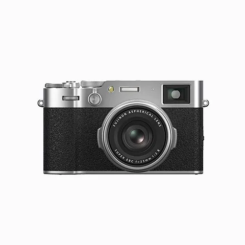Silver Fujifilm X100VI camera with fixed lens