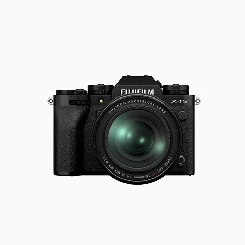 Black Fujifilm X-T5 camera with lens